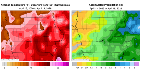 2 Maps of Iowa. Left map shows average temperature departure from 1911-2020 normals in degrees. Right map shows accumulated precipitation in inches.