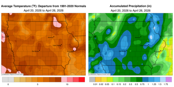 Two maps for April 20-26, 2026. Map 1 on left shows average temperature in degrees Farhenheit departure from 1991-2020 normal temperatures. Map 2 on right shows accumulated precipitation in inches during the same week.