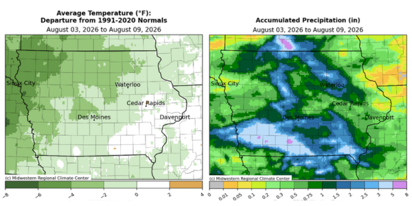 Iowa maps with first showing avg. temperatures from 2 degrees above normal to 8 degrees below normal and second showing accumulated precipitation from .01 to 8 in