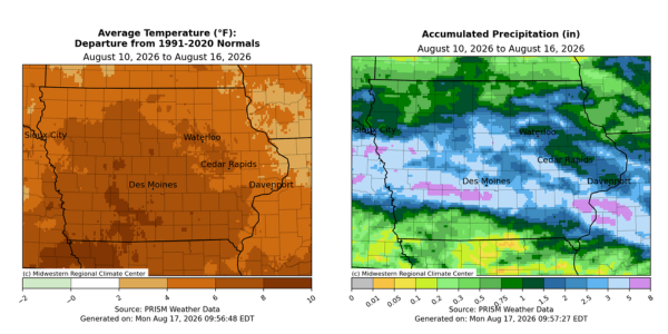 Iowa maps with first showing avg. temperatures 2 to 10 degrees above normals, and second with accumulated precipitation with .01 to 8 inches.