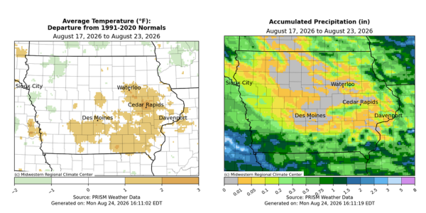 Iowa maps with 1st showing avg. temperatures from 2 degrees below to 3 degrees above normals and 2nd with accumulated precipitation from 0 to 5 inches