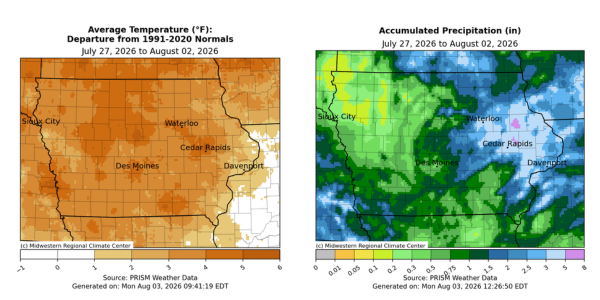 Iowa maps with first showing avg. temperatures from 0 to 5 degrees above normal and second with accumulated precipitation .05 to 6 inches.