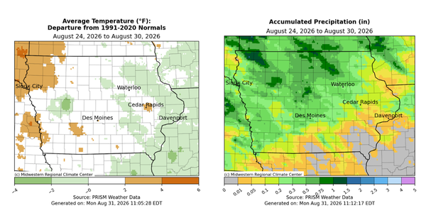 Iowa maps with 1st showing avg. temp 6 above to 4 degrees below normals and 2nd with accumulated precipitation from 0 to 5 inches