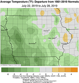 Average temperature across the state of Iowa between July 22-28, 2019