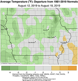 Average temperature in the state of Iowa from August 12 to 18, 2019