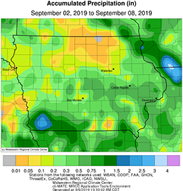 Average precipitation received in Iowa between September 2-8, 2019