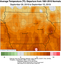 Average temperatures in Iowa between September 9-15, 2019
