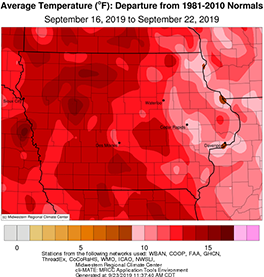 Average temperatures across Iowa between September 16-22, 2019