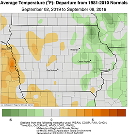 Average temperatures in the state of Iowa between September 2-8, 2019