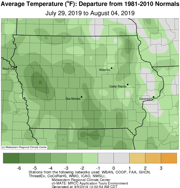 Average temperature in the state of Iowa between July 29 and August 4, 2019
