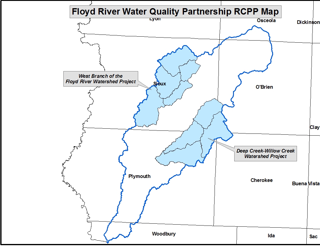 Map of the Floyd River watershed project area in northwest Iowa