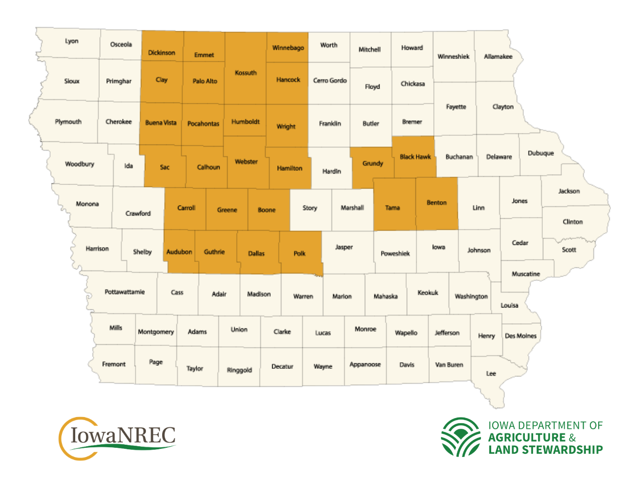 Map of the state of Iowa with 26 counties shaded to show the fall soil sampling project area