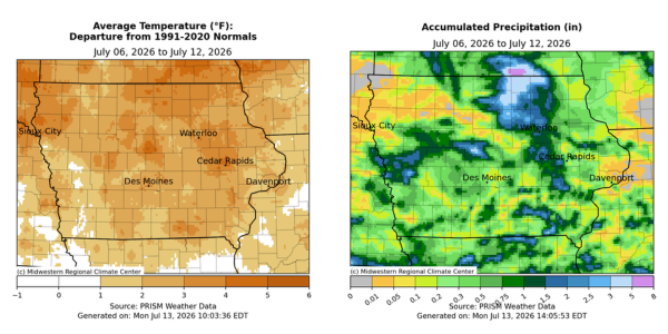 2 Iowa maps with first showing average temperatures from 0-6 degrees above normal and 2nd with accumulated precipitation from .01-6 inches