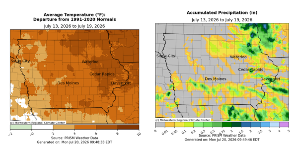 Iowa maps with 1st showing avg. temperatures 2-10 degrees above normals and 2nd with accumulated precipitation 0 to 1.5 inches