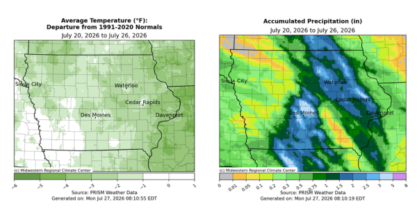 Iowa maps with first showing avg. temperatures 0 to -6 degrees below normals and second with accumulated precipitation 01 to 5 in.