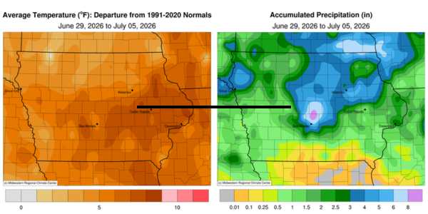 Iowa maps - first with avg. temperatures from 0 to 9 degrees above normals, and second with accumulated precipitation from .01-9 inches.