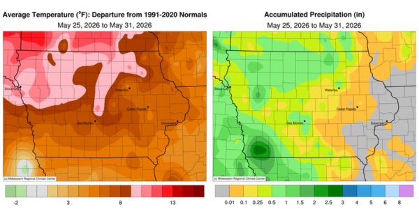 Map with avg. temps departure from 1991-2020 normals and map of accumulated precipitation.