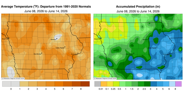 Iowa map with average temperatures ranging from 1-8 degrees above normals. Iowa map of accumulated precipitation ranging from .01 to 8 in. Both maps for week of June 8-14.