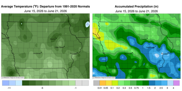 Iowa map with avg. temperatures ranging 1 to 9 degrees below normals. Iowa map with accumulated precipitation from .01 to 4 in.
