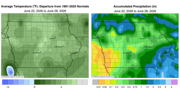 Iowa map with average temperatures ranging from 0 to 9 degrees below normals. Iowa map with accumulated precipitation in inches ranging from .01 to 4 inches.