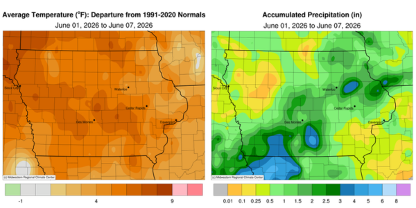 Iowa map of avg. temperatures ranging from 1-8 degrees above 1991-2020 normals. Iowa map with accumulated precipitation from .01-5 in.