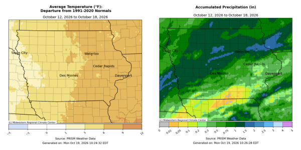 Iowa maps with first showing average temperatures from 1 to 12 degrees above normal and second with accumulated precipitation from .01 to 4 inches