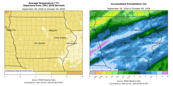 Iowa maps with first showing avg. temperatures from -1 to 9 degrees above normal and 2nd with accumulated precipitation from 0 to 8 in.