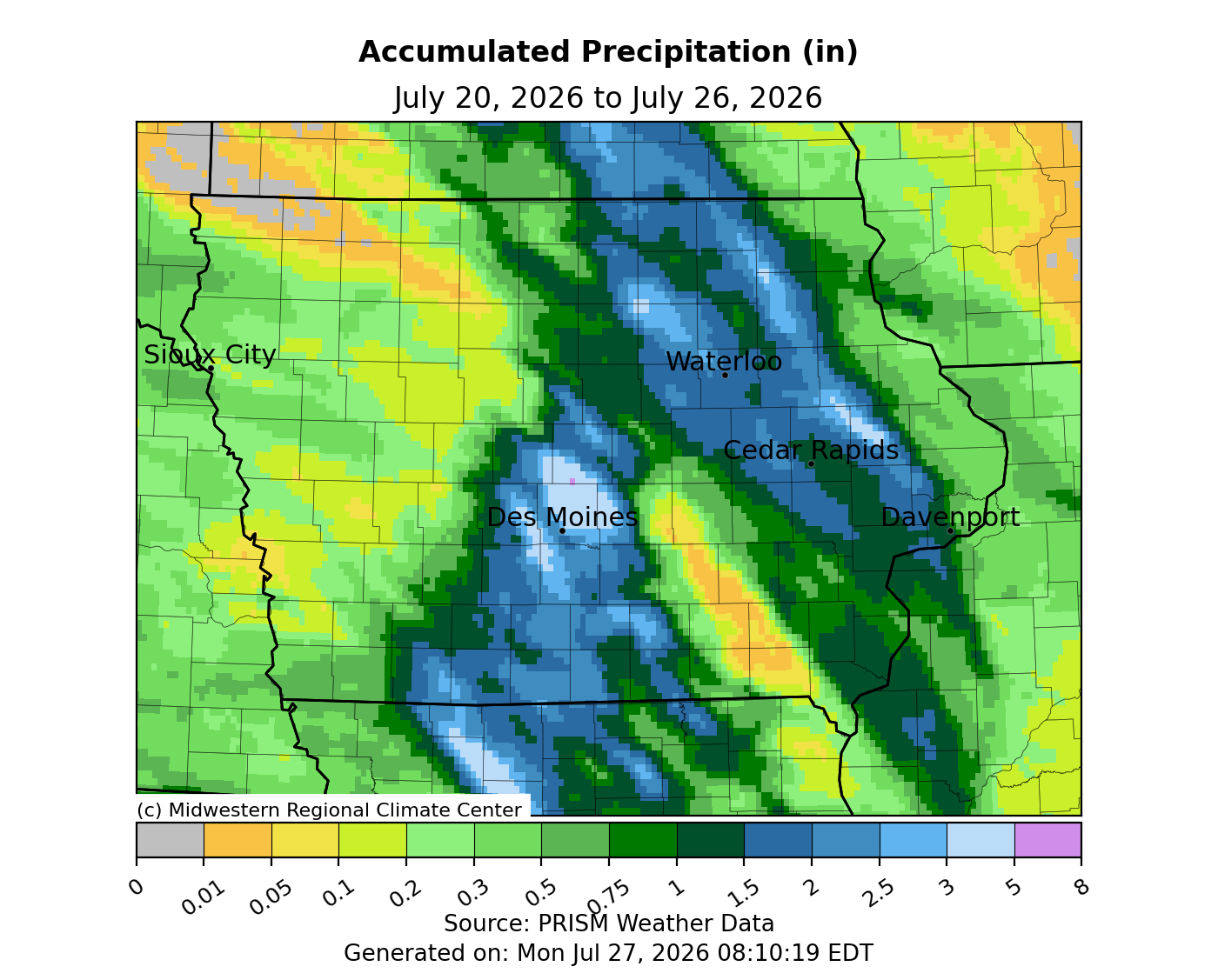 Iowa map with accumulated precipitation 0.1 to 5 inches