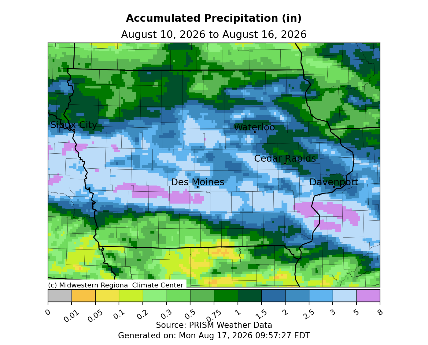 Iowa map with accumulated precipitation .01 to 8 inches.