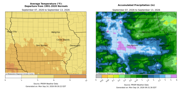 Iowa maps with first showing avg. temperatures 0-12 degrees above normal and 2nd with accumulated precipitation from 0-6 in.