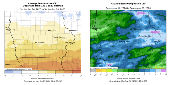 Iowa maps with 1st showing avg. temperatures from 1 degree below to 9 degrees above normal and 2nd with accumulated precipitation from .5 to 10 in.