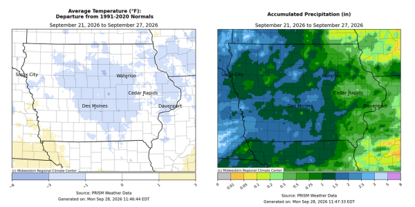 Iowa maps with 1st showing temperatures from 3 to 6 degrees below normal and 2nd with accumulated precipitation from 0 to 8 in.