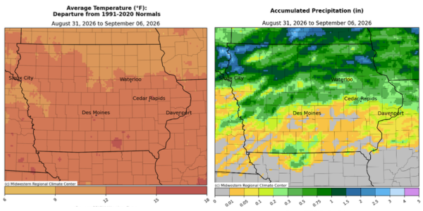 Iowa maps with 1st showing avg. termperature from 6 to 18 degrees above normals and 2nd with accumulated precipitation from 0 to 5 inches