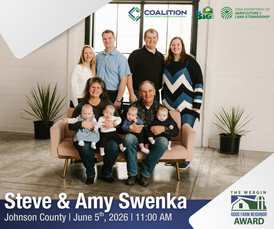 Family photo including older couple sitting, each holding two babies, and two younger couples standing behind.