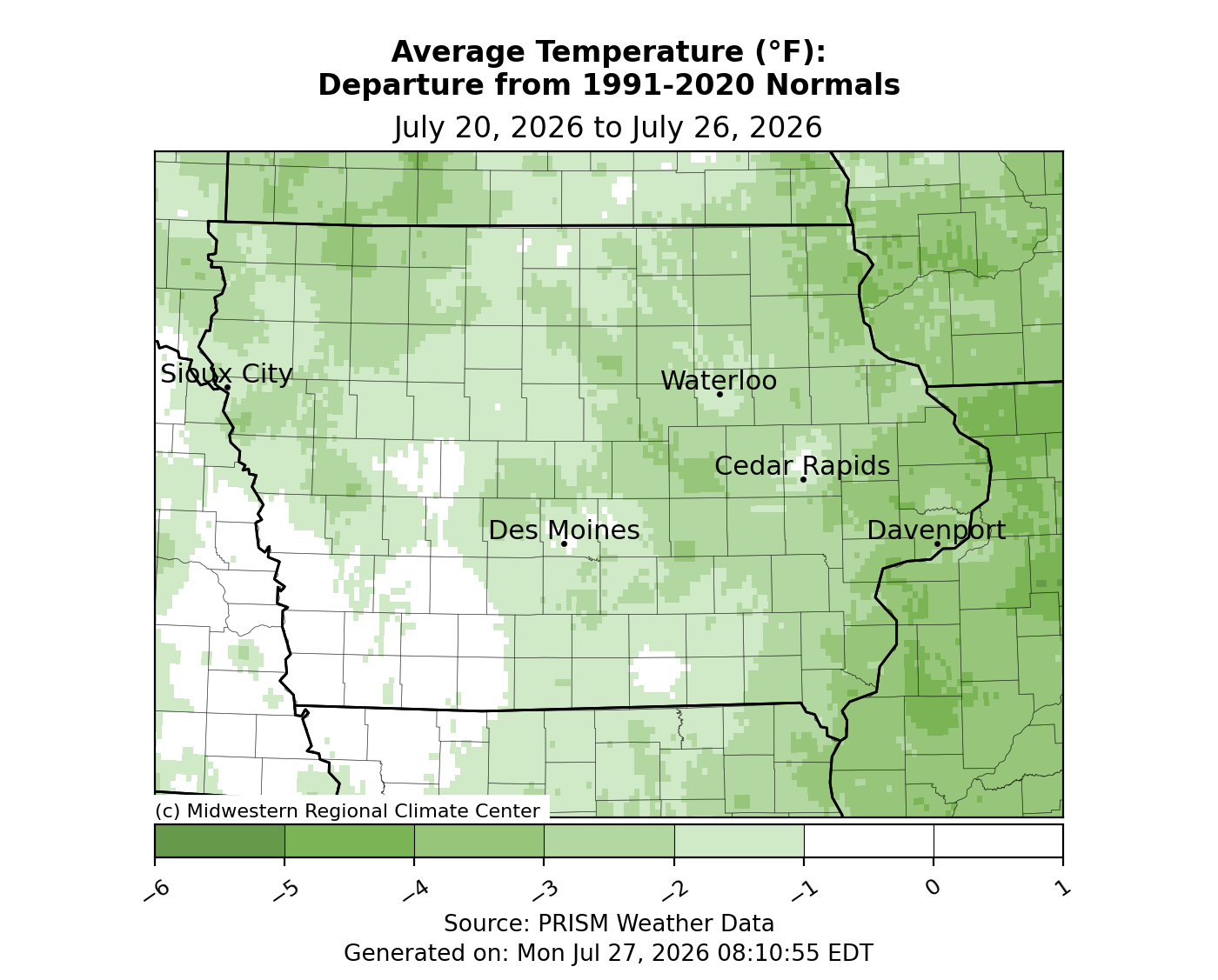 Iowa map with avg. temperatures 0 to 6 degrees below normals