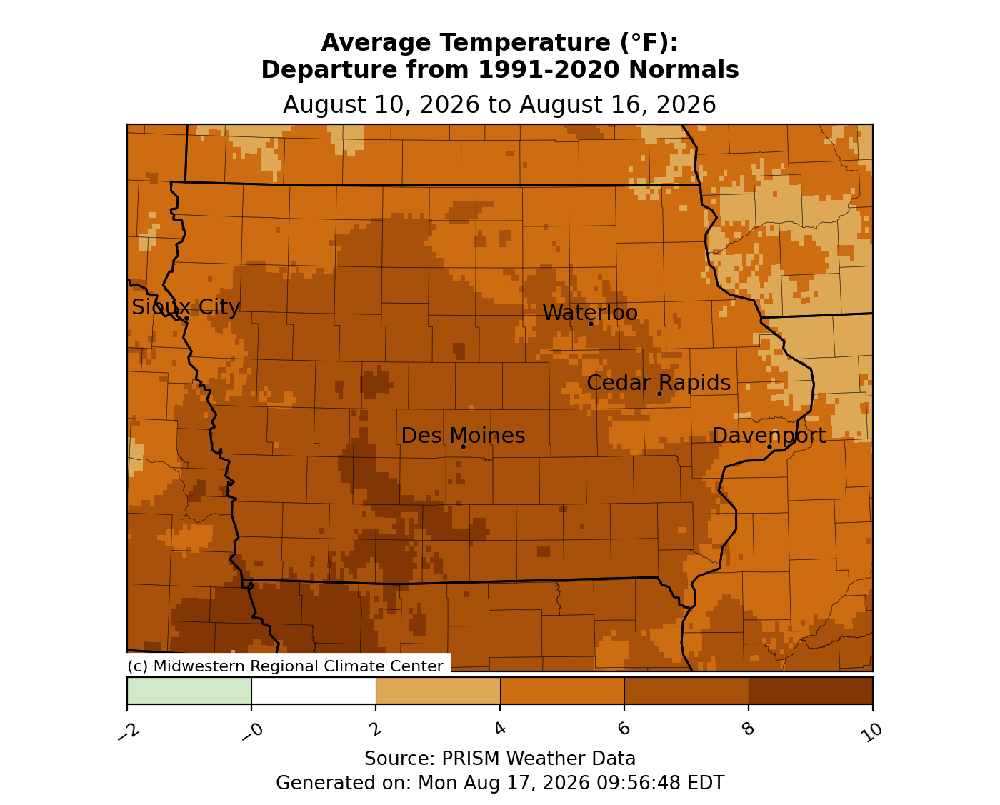 Iowa map showing avg. temperatures 2 to 10 degrees above normals, 