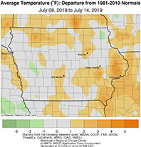 Average temperature across the state of Iowa between July 8-14, 2019
