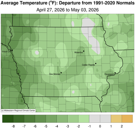 A map of Iowa showing the average temperature departure from normal for the week of April 27 to May 3, 2026. The map indicates cooler than average temperatures across Iowa.