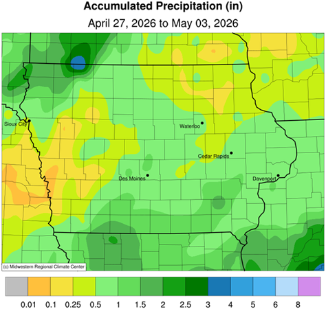 A map of Iowa showing the accumulated precipitation for the week of April 27 to May 3, 2026. The map indicates slightly above average average rainfall in northwest and southern Iowa.