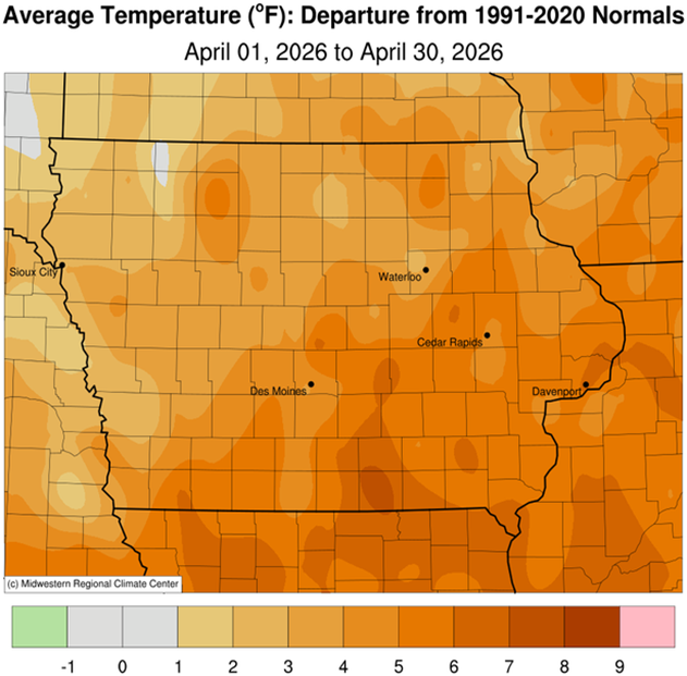 A map of Iowa shows statewide temperatures averaged 52.7 degrees or 4.1 degrees above normal for the month of April 2026.