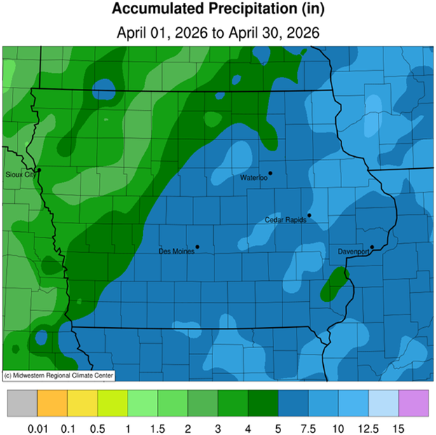 A map of Iowa showing that precipitation totaled 5.34 inches, 1.67 inches above normal for the month of April 2026.