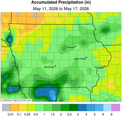 A map of Iowa shows accumulated precipitation (in inches) across the state during the week of May 11-17. Precipitation ranged from approximately .01 to 5 inches, with the majority (central Iowa) ranging from .5 to 2.5 inches.