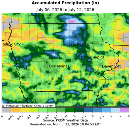 A map of Iowa showing accumulated precipitation from July 6 to July 12, 2026.