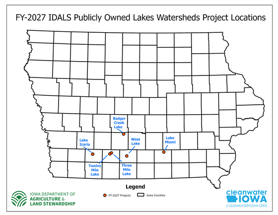 Iowa map of IDALS Publicly Owned Lakes Watershed Project Locations